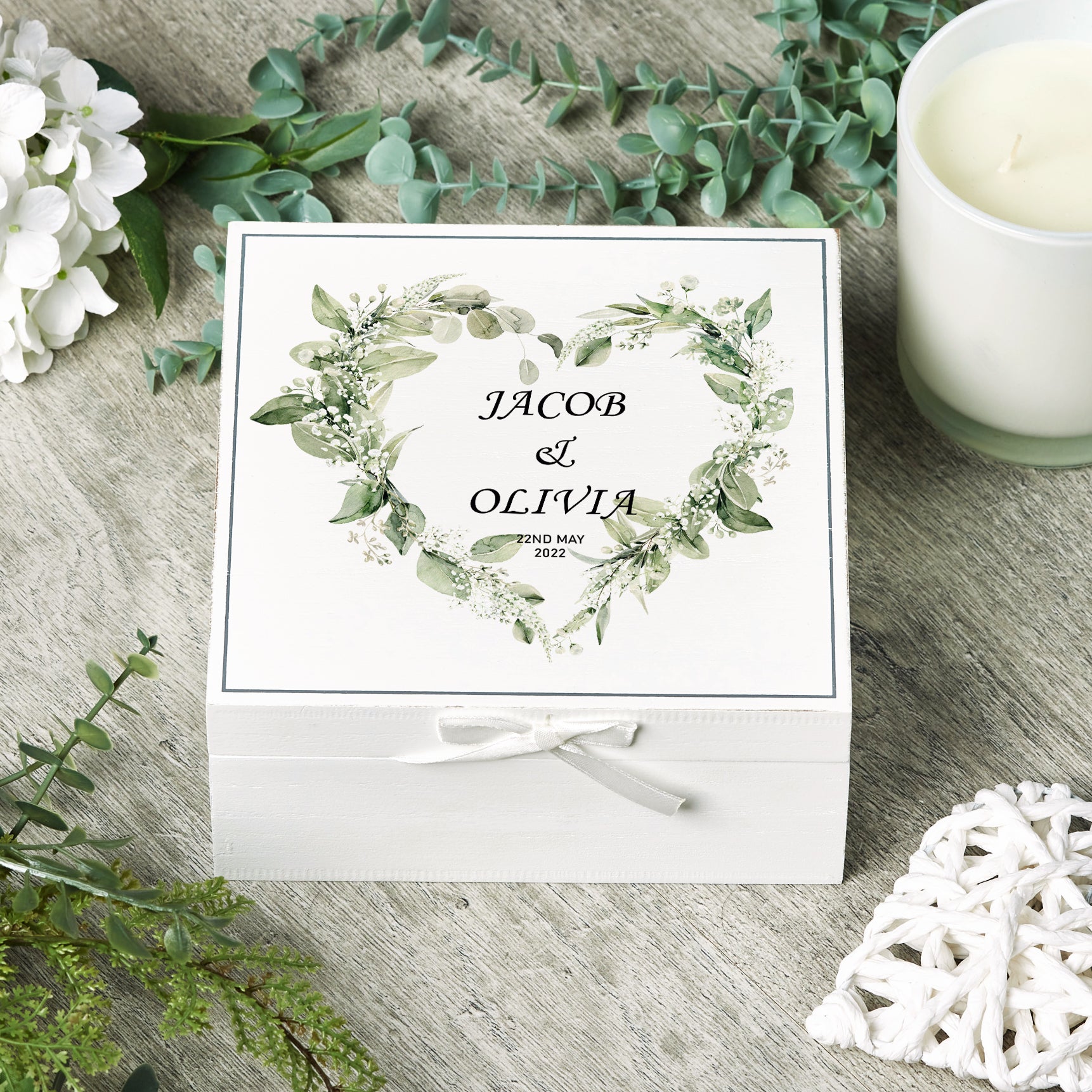 Personalised Wedding Day Vintage Wooden Keepsake Box Gift With Floral Wreath Heart Print