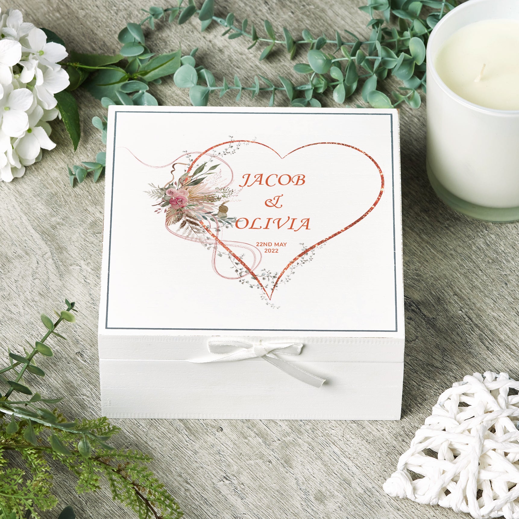 Personalised Wedding Day Vintage Wooden Keepsake Box Gift With Rose Gold Heart Print