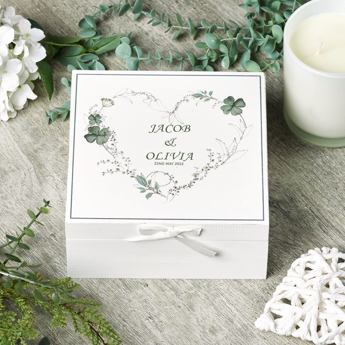 Personalised Wedding Day Vintage Wooden Keepsake Box Gift With Green Clover Heart Print