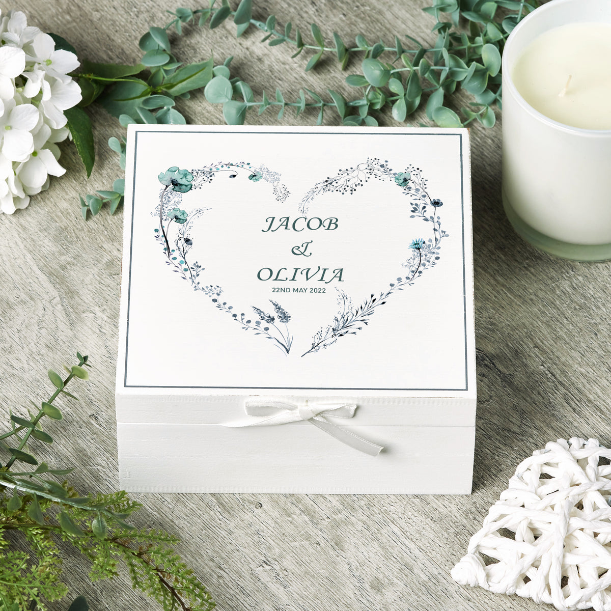 Personalised Wedding Day Vintage Wooden Keepsake Box Gift With Dusty Blue Floral Heart Print