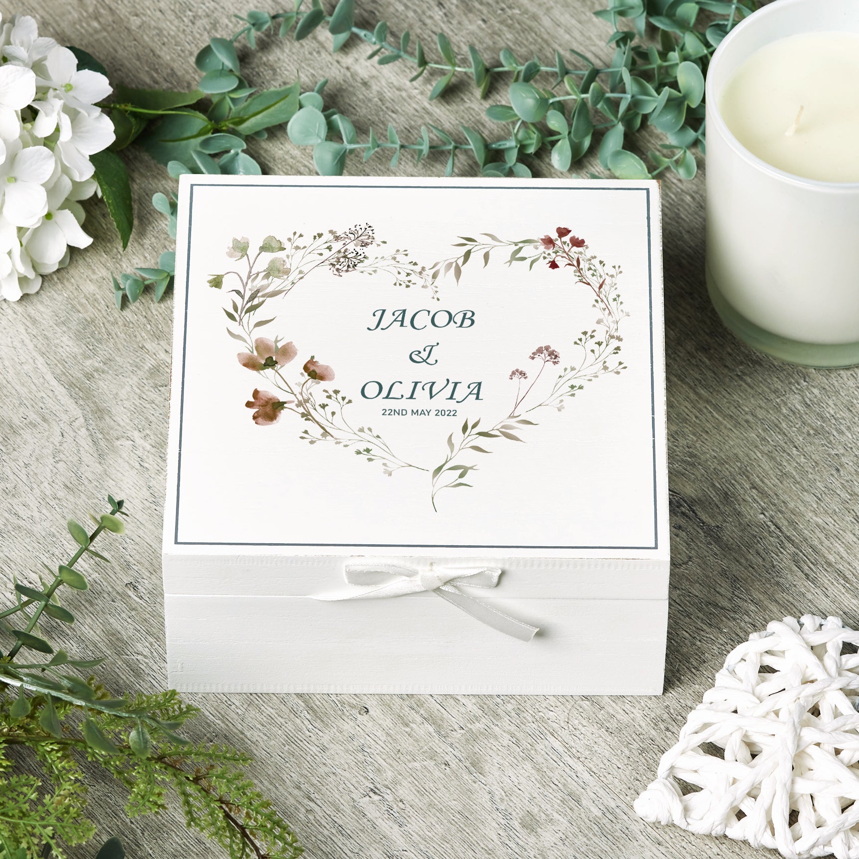Personalised Wedding Day Vintage Wooden Keepsake Box Gift With Dusty Watercolour Floral Heart Print