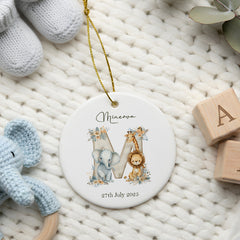 Personalised New Baby Keepsake Nursery Ornament With Safari Animals Alphabet Design Personalised Heart Gifts ukgiftstoreonline