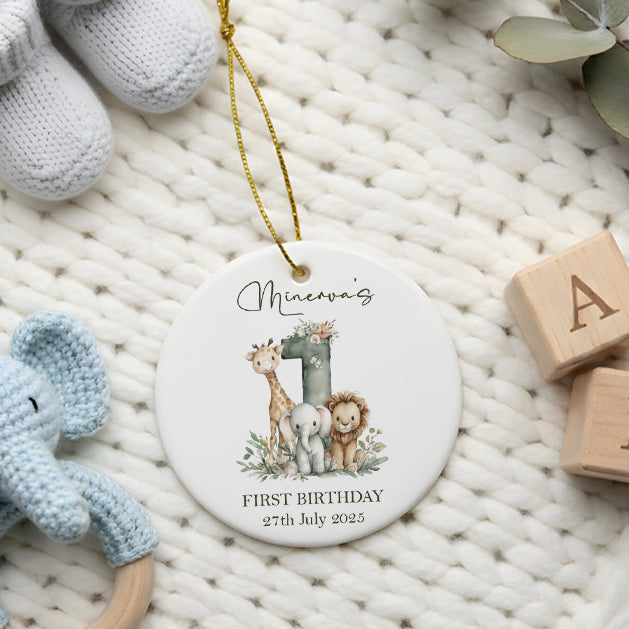 Personalised Baby's First Birthday Keepsake Nursery Ornament With Safari Animals Design Personalised Gifts ukgiftstoreonline