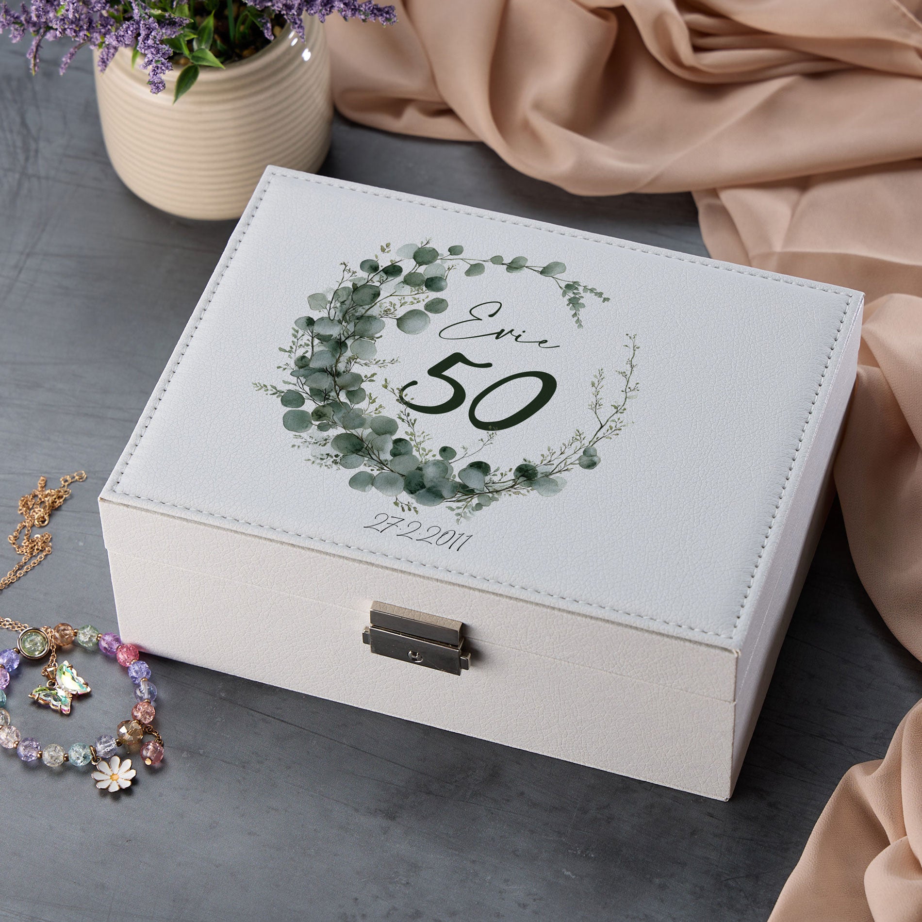 Personalised 50th Birthday Any Name Eucalyptus Design Jewellery Box Special Birthday Gift