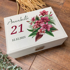 Personalised Beautiful 21st Birthday Jewellery Box Orchid Flower Design Special Birthday Gift