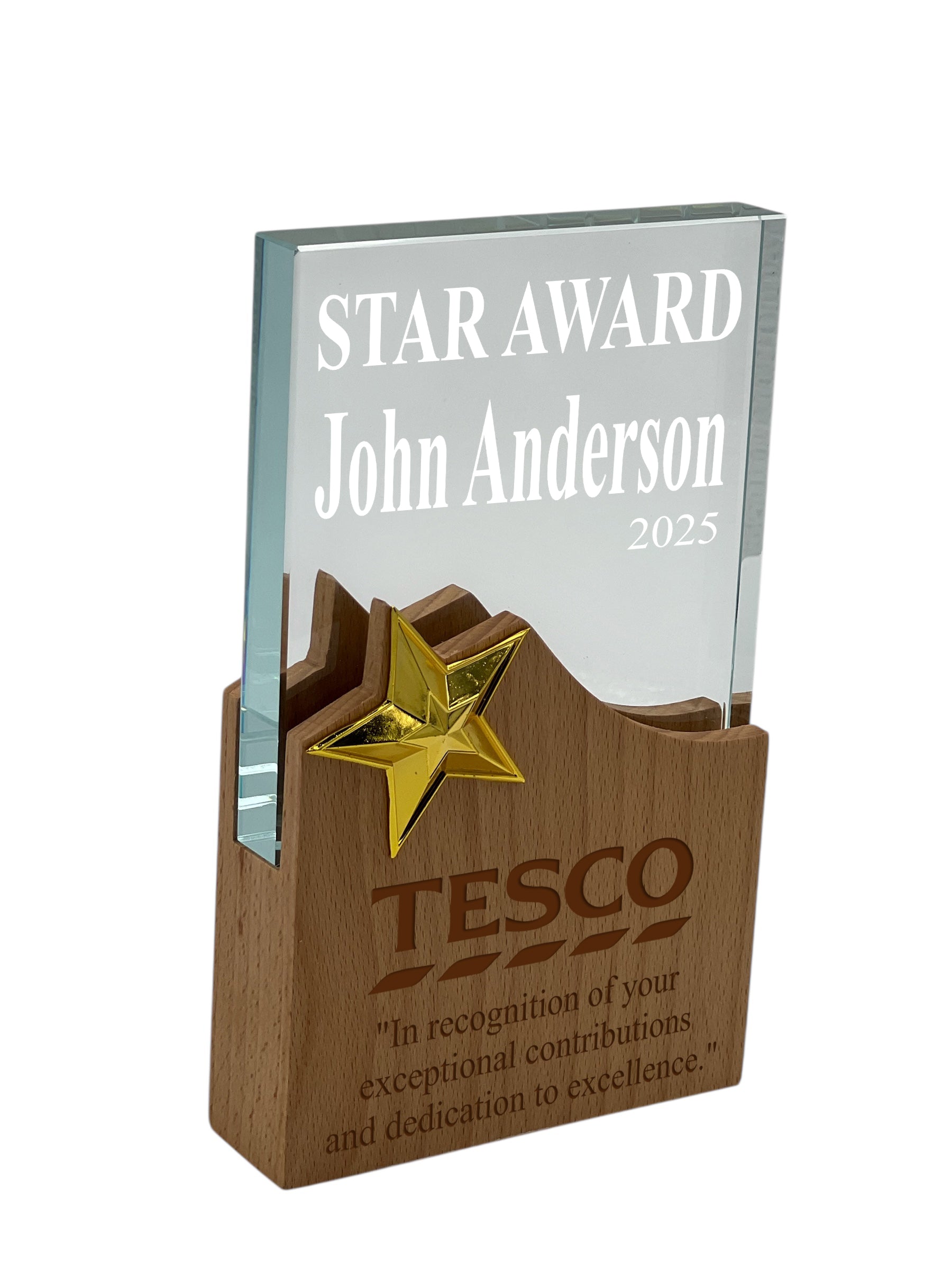 Personalised Star Award Trophy Any Engraving or Occasion Wood and Glass