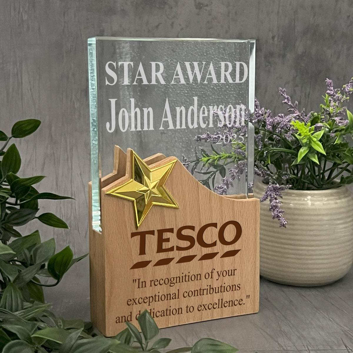 Personalised Star Award Trophy Any Engraving or Occasion Wood and Glass