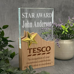Personalised Star Award Trophy Any Engraving or Occasion Wood and Glass