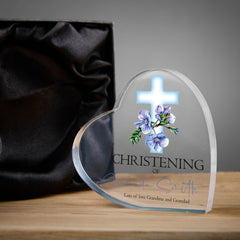 Personalised Christening Heart Block With Blue Floral Cross In Gift Box