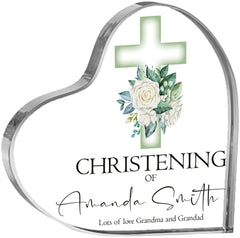 Personalised Christening Heart Block With Green Floral Cross In Gift Box