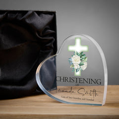 Personalised Christening Heart Block With Green Floral Cross In Gift Box