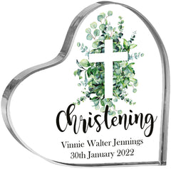 Personalised Christening Heart Block With Green Leaf Cross In Gift Box