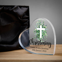Personalised Christening Heart Block With Green Leaf Cross In Gift Box