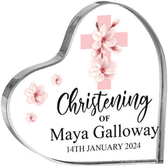 Personalised Christening Heart Block With Pink Magnolia Cross Gift Boxed