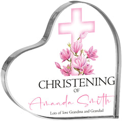 Personalised Christening Heart Block With Pink Floral Cross In Gift Box