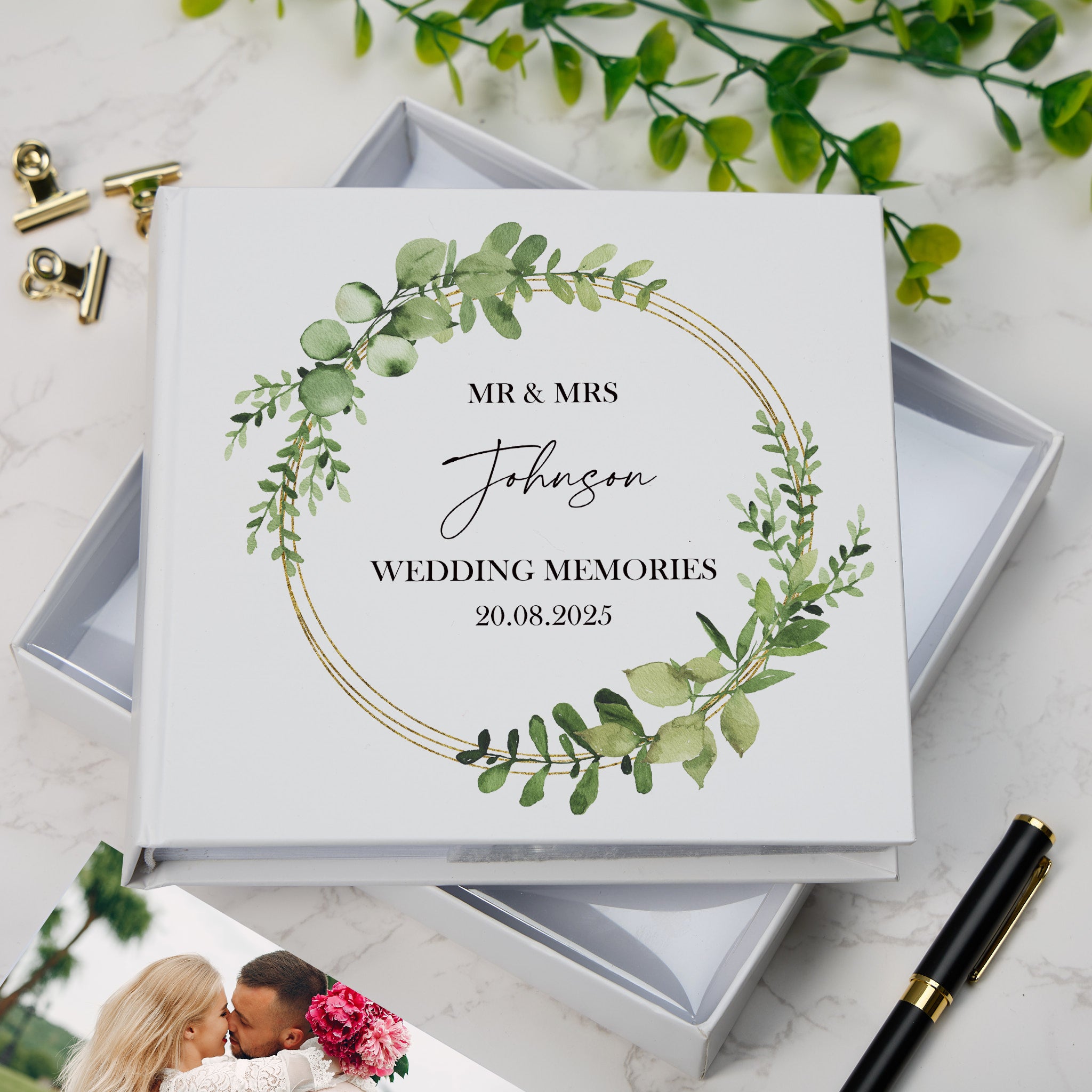 Personalised Wedding Photo Album Gift Eucalyptus and Gold Wreath personalised photo album ukgiftstoreonline