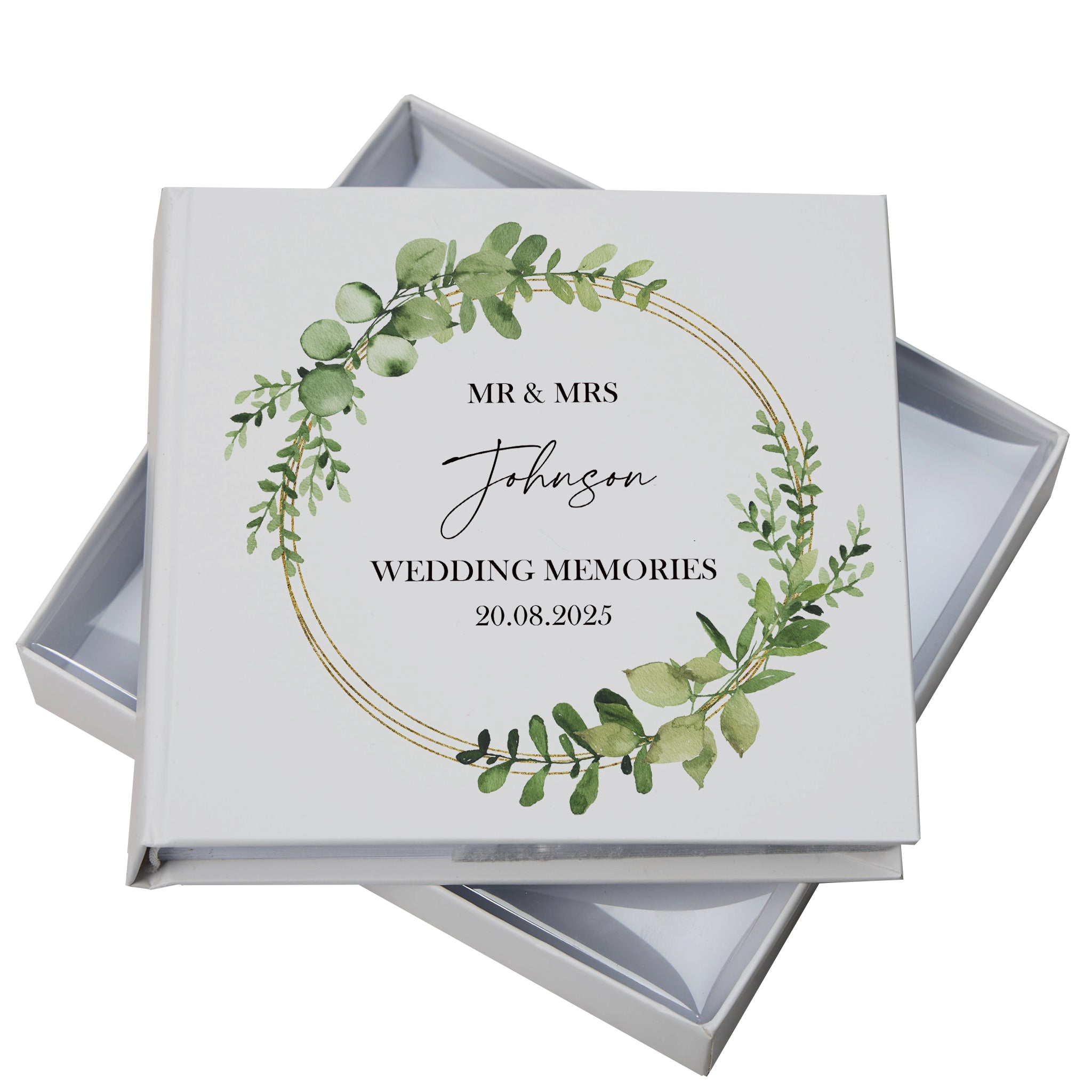 Personalised Wedding Photo Album Gift Eucalyptus and Gold Wreath personalised photo album ukgiftstoreonline
