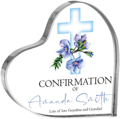 Personalised Confirmation Heart Block With Blue Floral Cross Gift Boxed