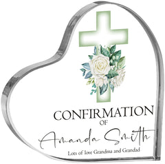 Personalised Confirmation Heart Block With Green Floral Cross Gift Boxed