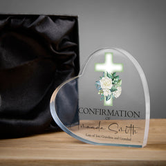 Personalised Confirmation Heart Block With Green Floral Cross Gift Boxed