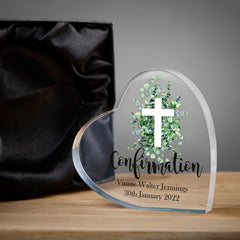 Personalised Confirmation Heart Block With Green Leaf Cross Gift Boxed