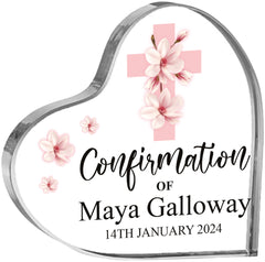 Personalised Confirmation Heart Block With Pink Magnolia Cross Gift Boxed