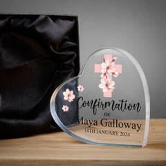 Personalised Confirmation Heart Block With Pink Magnolia Cross Gift Boxed