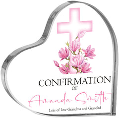 Personalised Confirmation Heart Block With Pink Floral Cross Gift Boxed