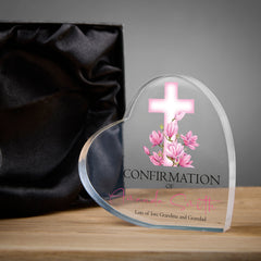 Personalised Confirmation Heart Block With Pink Floral Cross Gift Boxed