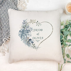 Personalised Wedding Day Cushion Pillow Gift With Blue Tropical Palm Heart