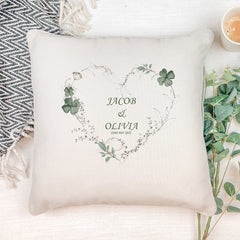Personalised Wedding Day Cushion Pillow Gift With Green Clover Heart