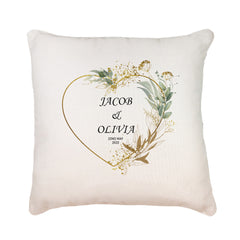 Personalised Wedding Day Cushion Pillow Gift With Gold Green Heart