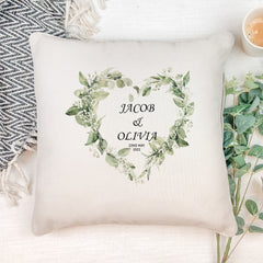 Personalised Wedding Day Cushion Pillow Gift With Green Floral Heart
