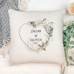 Personalised Wedding Day Cushion Pillow Gift With Silver Green Heart