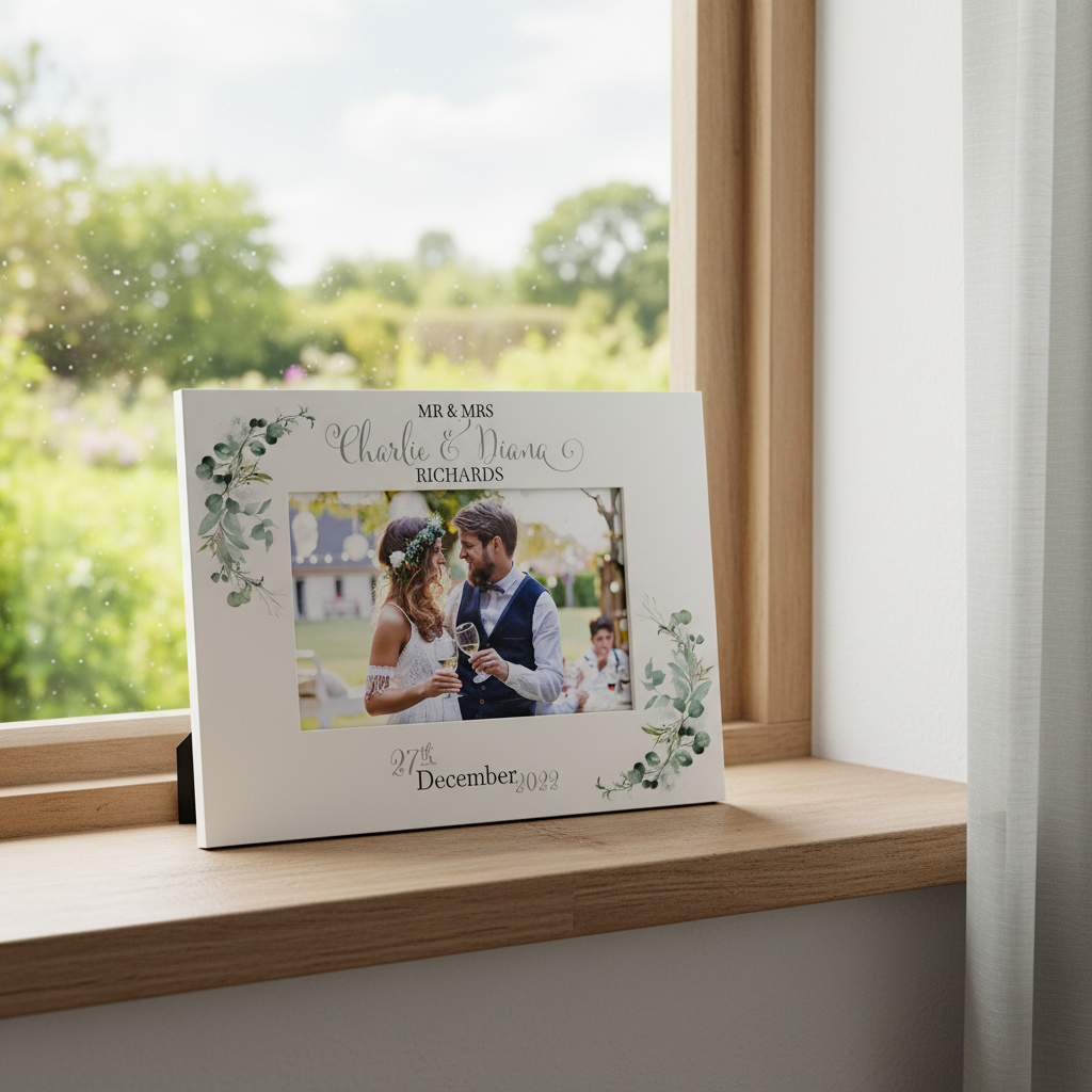 Personalised Wedding Day Photo Frame Gift With Eucalyptus Leaves
