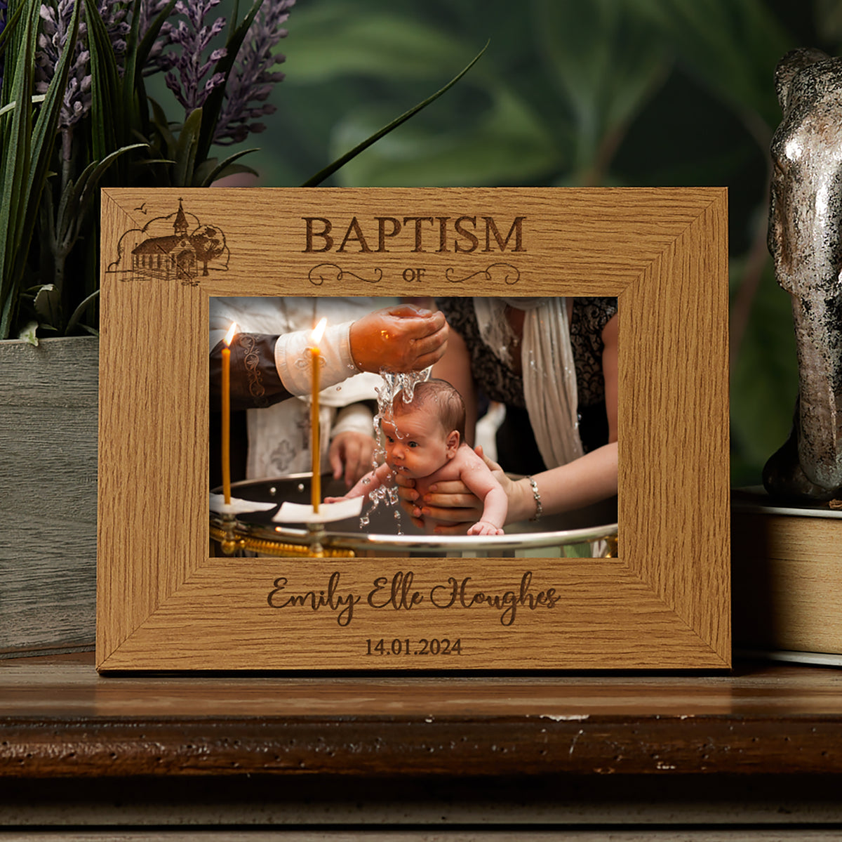 Personalised Baptism Day Photo Picture Frame Landscape With Church Sketch