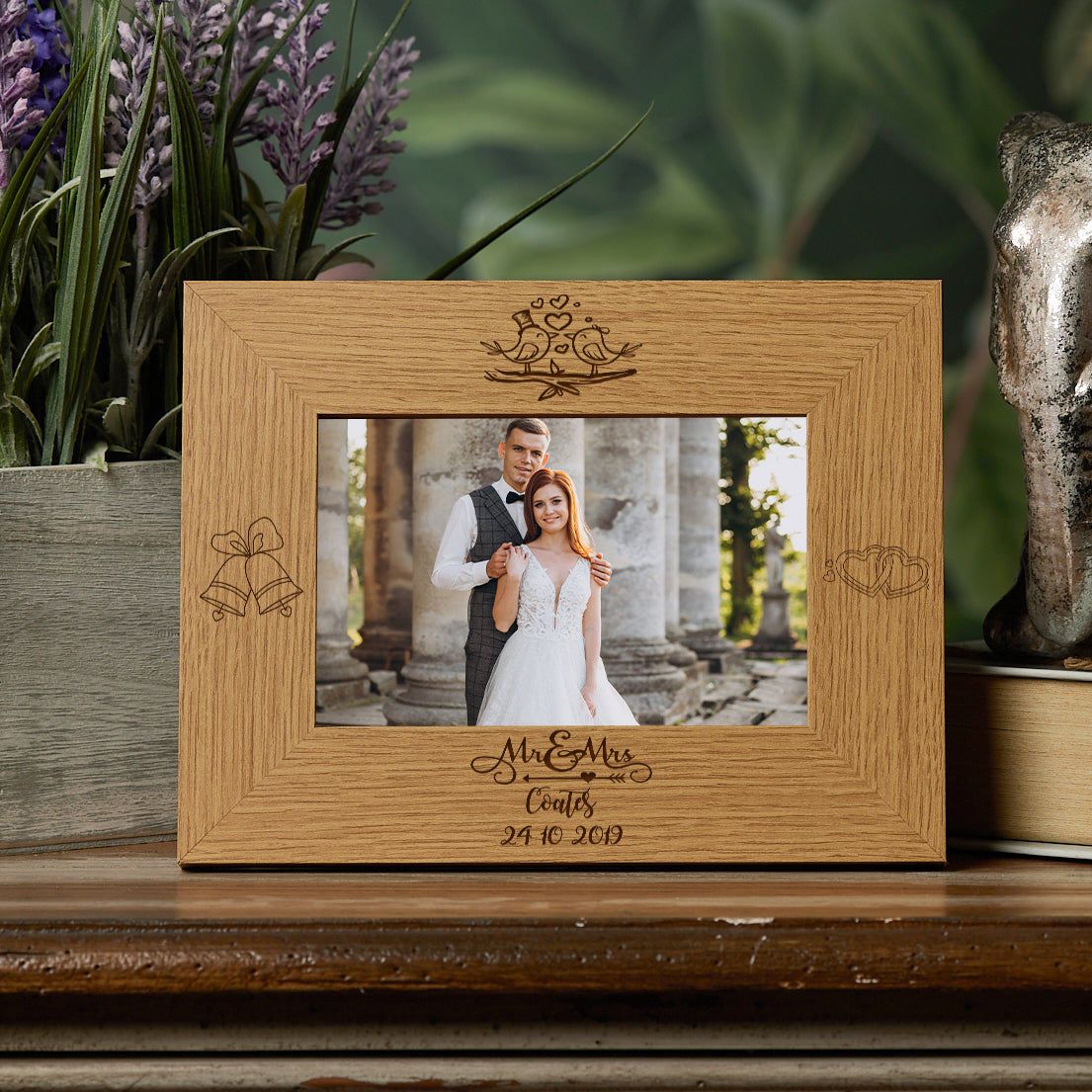 Personalised Mr and Mrs Love Birds Wooden Wedding Photo Frame Gift