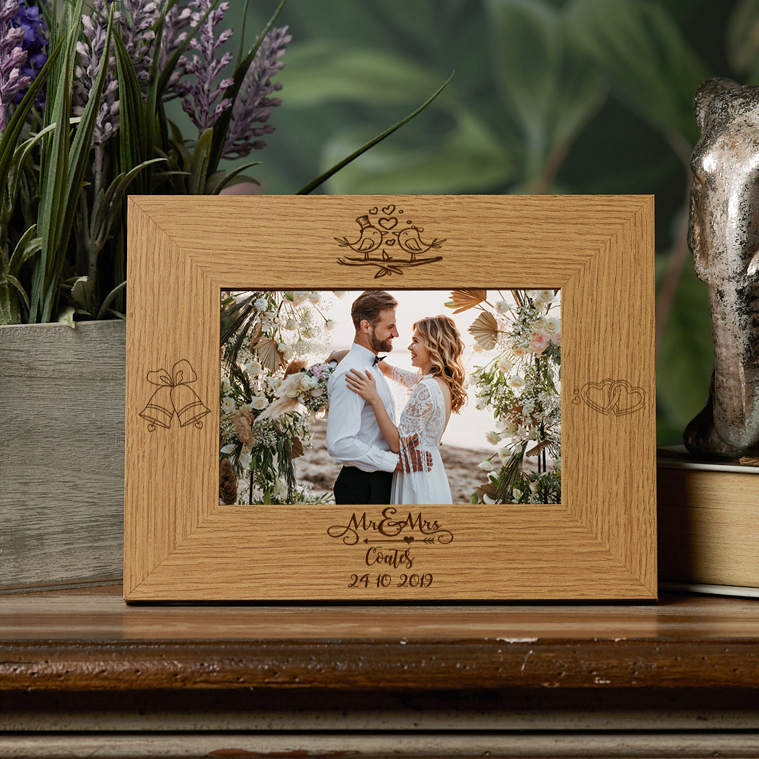 Personalised Mr and Mrs Love Birds Wooden Wedding Photo Frame Gift