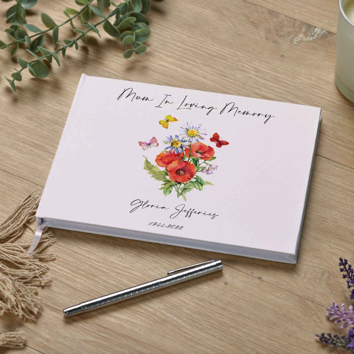 Personalised Mum Memorial Funeral Guest Book With Flowers and Butterflies