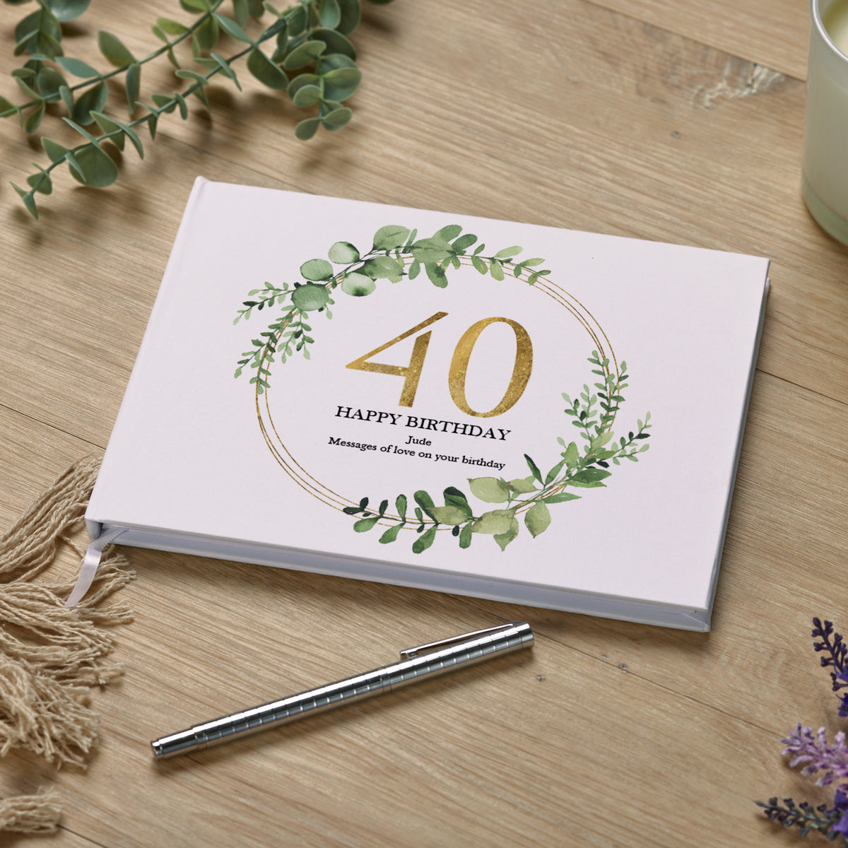 Personalised 40th Birthday Gift for her Guest Book Gold Wreath Design