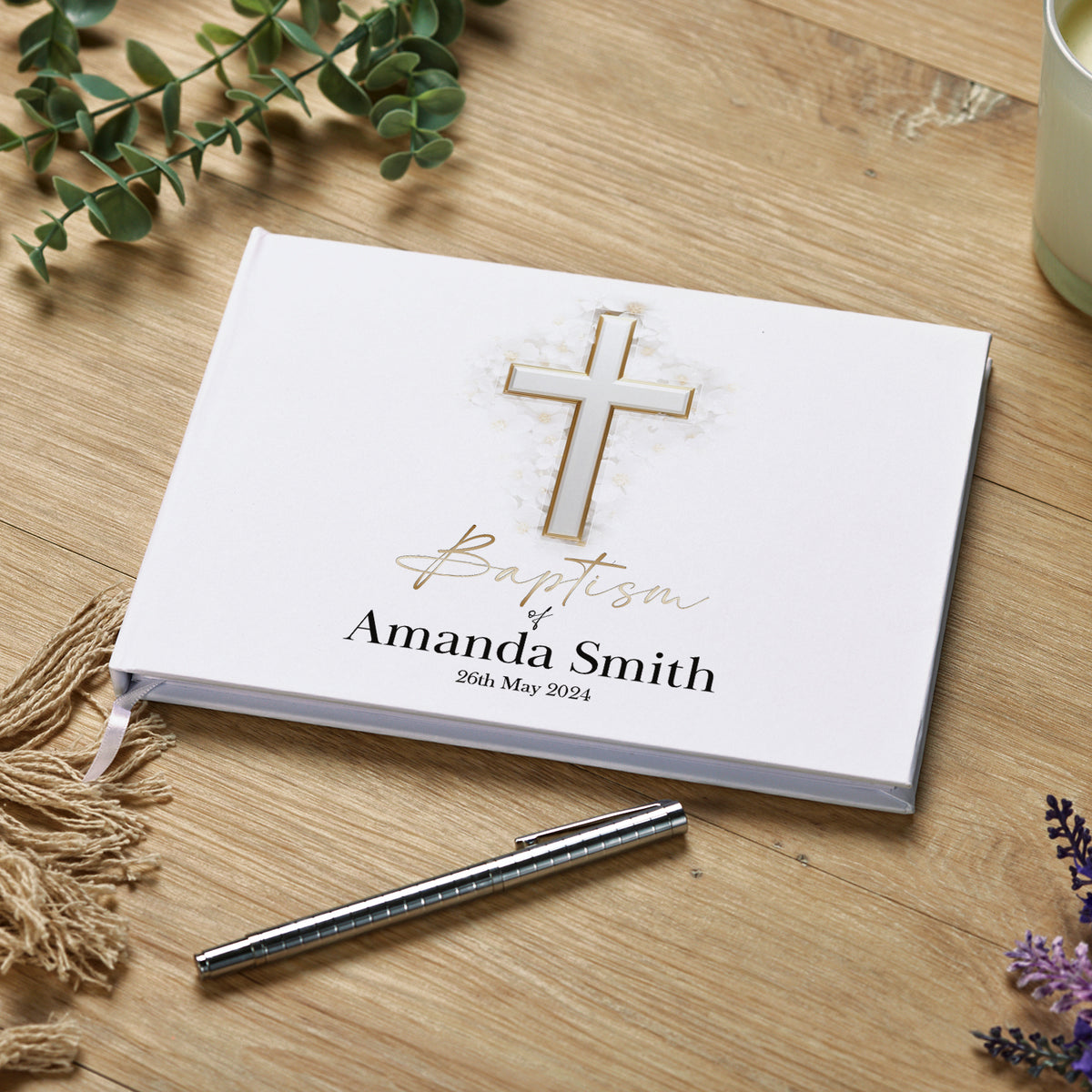 Personalised Baptism Guest Book With Silver Cross