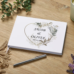 Wedding Guest Book Personalised With Green Silver Floral Heart Theme