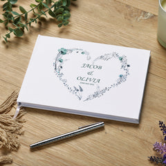 Wedding Guest Book Personalised With Dusty Blue Floral Heart Theme