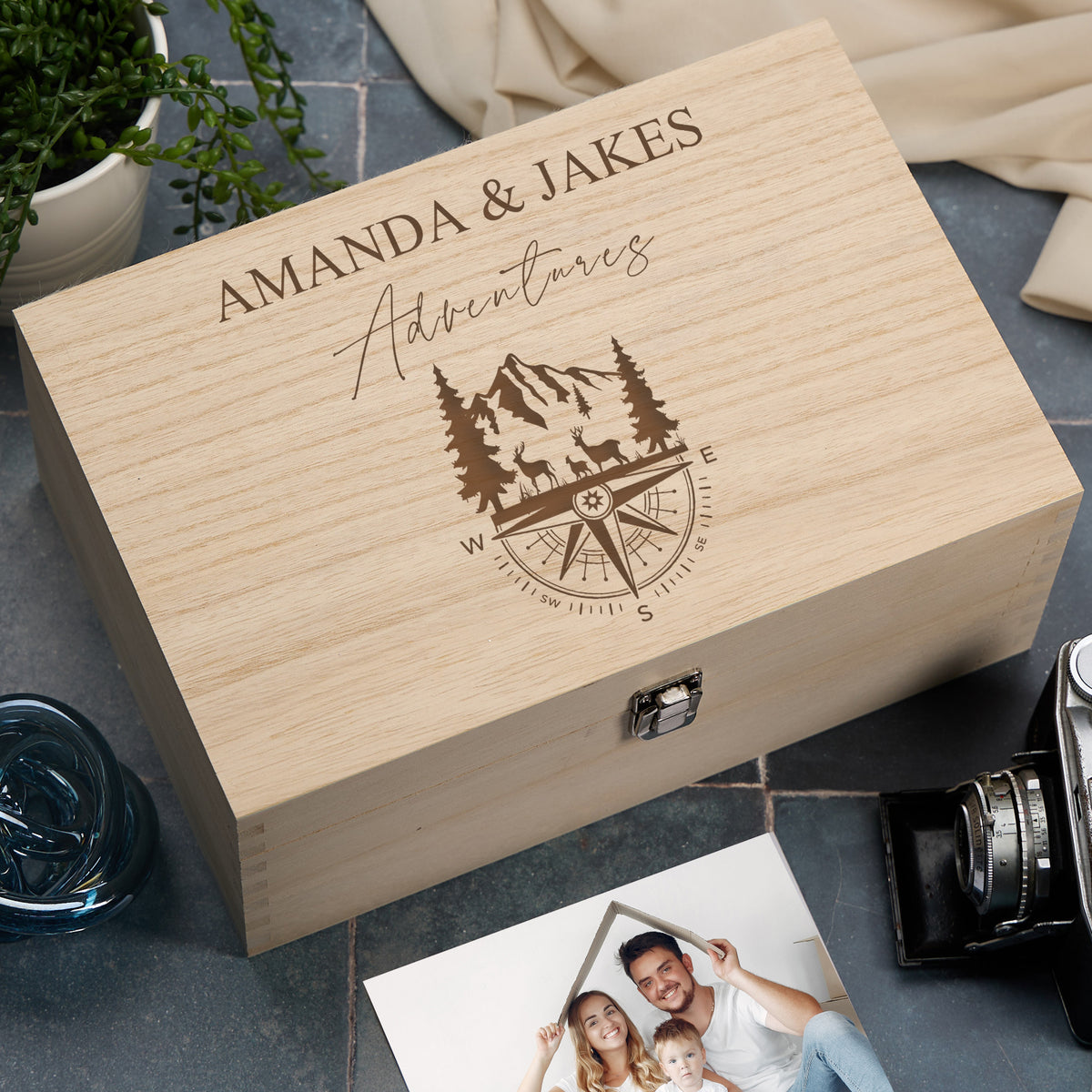 Personalised Engraved Holiday Travel Adventures Keepsake Box With Compass