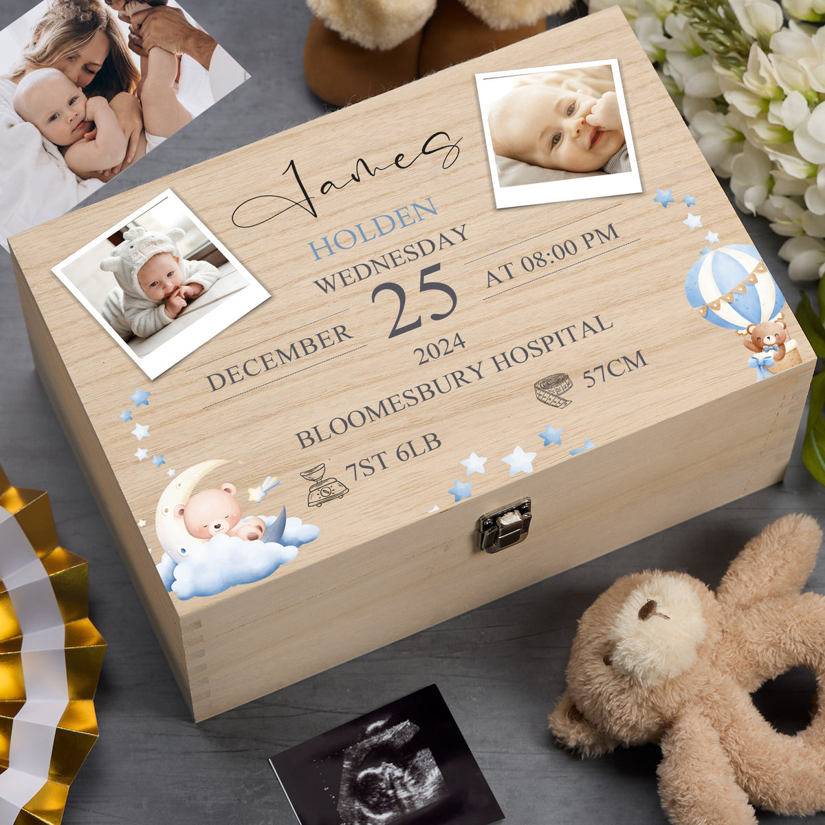 Personalised Wooden Baby Boy Memory Keepsake Box With Photos and Birth Details