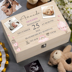 Personalised Wooden Baby Girl Memory Keepsake Box With Photos and Birth Details