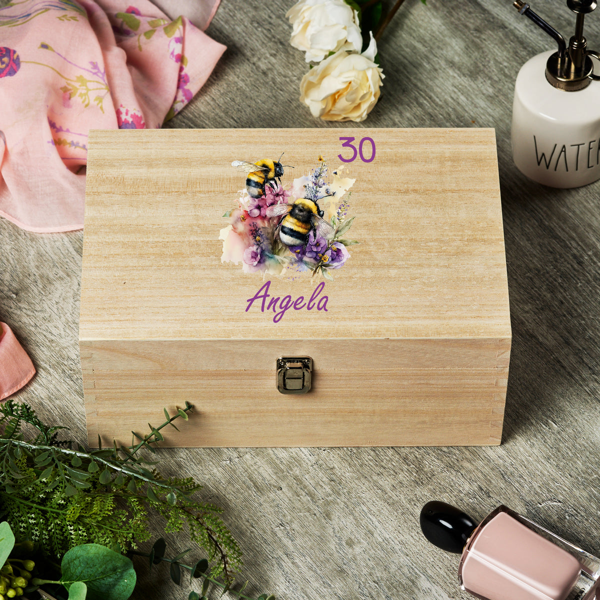 Personalised Large Birthday Wooden Memories Keepsake Box Gift With Bumble Bees