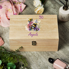 Personalised Large Birthday Wooden Memories Keepsake Box Gift With Bumble Bees