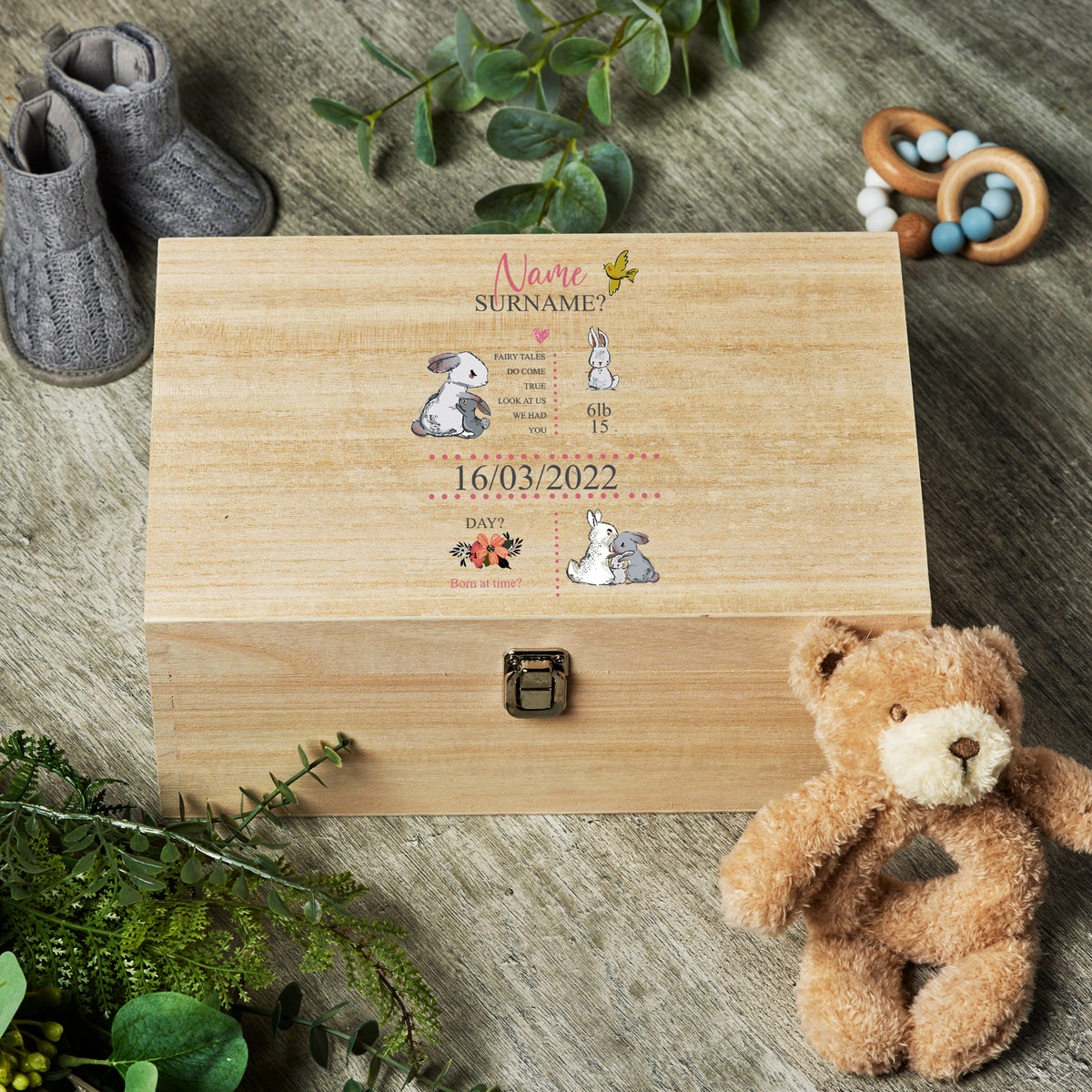 Personalised Large Baby Girl Wooden Keepsake Box Memories With Rabbits