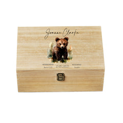 Personalised Large Baby Wooden Memories Keepsake Box Gift With Bear Cub
